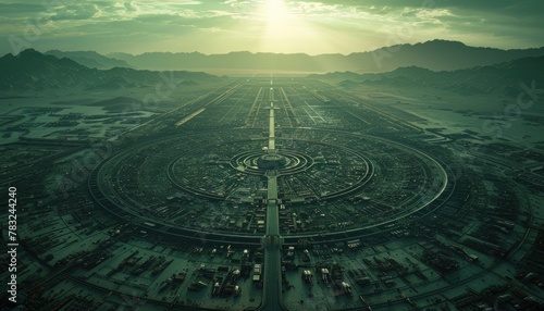 Illustrate a futuristic dystopian society from an aerial perspective, utilizing unexpected camera angles that emphasize the vastness and oppression Infuse psychological concepts of conformity photo