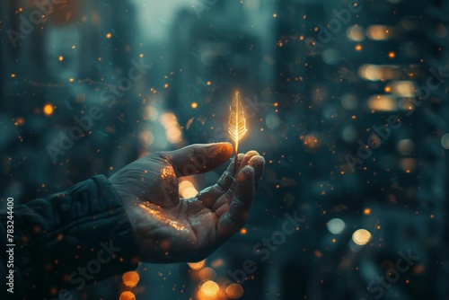 Symbolic representation of financial decline businessman's hand holding falling arrow, Glowing feather cradled in palm, surrounded by snowflakes; city lights bokeh behind, merging natural delicacy
