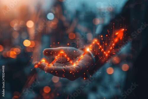 Symbolic representation of financial decline businessman's hand holding falling arrow, holding glowing, upward trend graph; vivid representation of growth, ambition against backdrop of city lights,