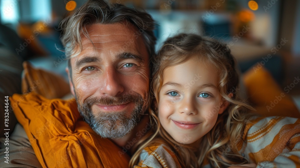 Top view of father with daughter lying on the floor, pillows laughing together. wooden floor Top view of father with daughter lying on the floor, pillows laughing together. wooden floor