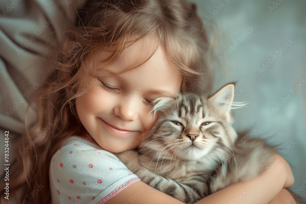 At home, little girl smiles a hugs cute kitten with her hands AI Generative