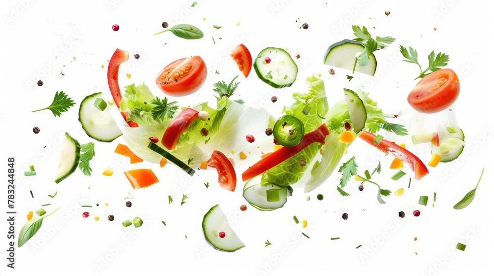 A splash of fresh vegetable salad. Vegetarianism, vitamins, healthy nutrition, diet. dynamic composition isolated on transparent background A splash of fresh vegetable salad. Vegetarianism, vitamins, healthy nutrition, diet. dynamic composition isolated on transparent background