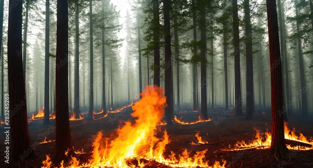 A forest fire in the middle of a dense forest. A forest fire in the middle of a dense forest.