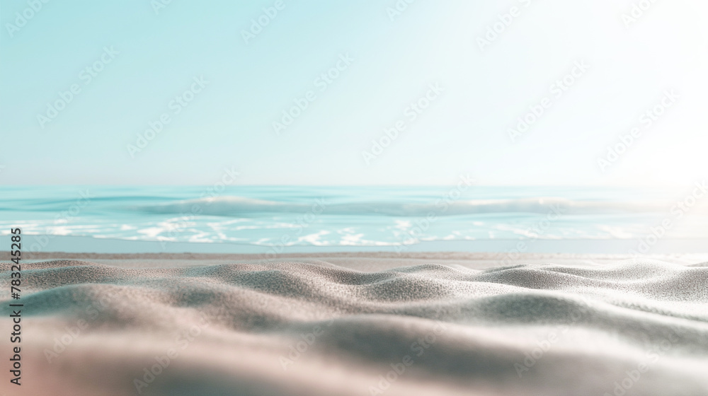 Abstract beach background, clear and soft blue sky with smooth fine sand of delicate color. In the foreground of the painting is a large area of ​​beige fine sand with wavy ripples on it.