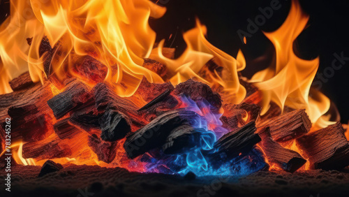 Minimalism Bonfire isolated. Night campfire isolated closeup. A bonfire on a pyre over the black background