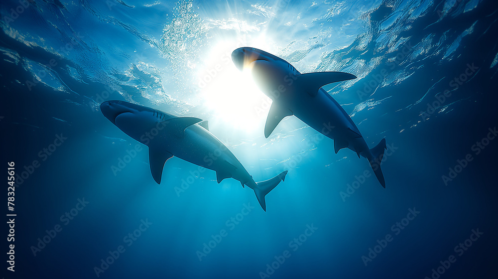 Obraz premium Shark Silhouette Swimming in Blue Ocean