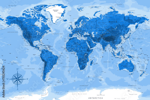 World Map - Highly Detailed Vector Map of the World. Ideally for the Print Posters. Deep Blue Colors. With Relief and Depth