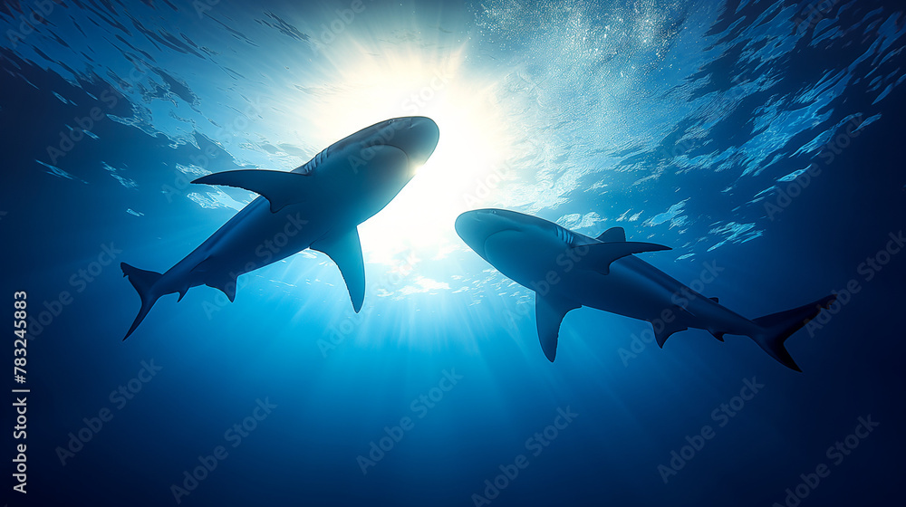 Obraz premium Shark Silhouette Swimming in Blue Ocean