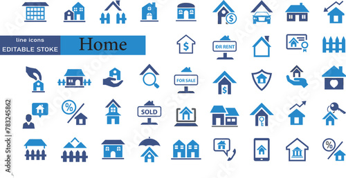 Home icon set. Containing house, property, loan, town, landlord, insurance, location, mortgage, for sale and more. Solid vector icons collection.
