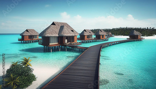 Maldives paradise island. Tropical landscape, coast seascape water bungalows villas with amazing sea lagoon beach. Exotic tourism destination summer vacation of minimalist background, Ai generated