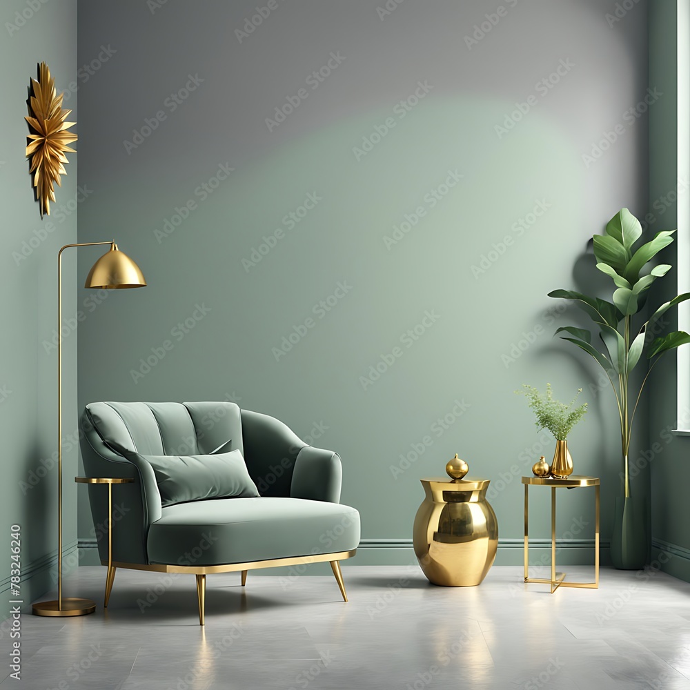 Grey green living room. Lounge area chair with an accent gold table and