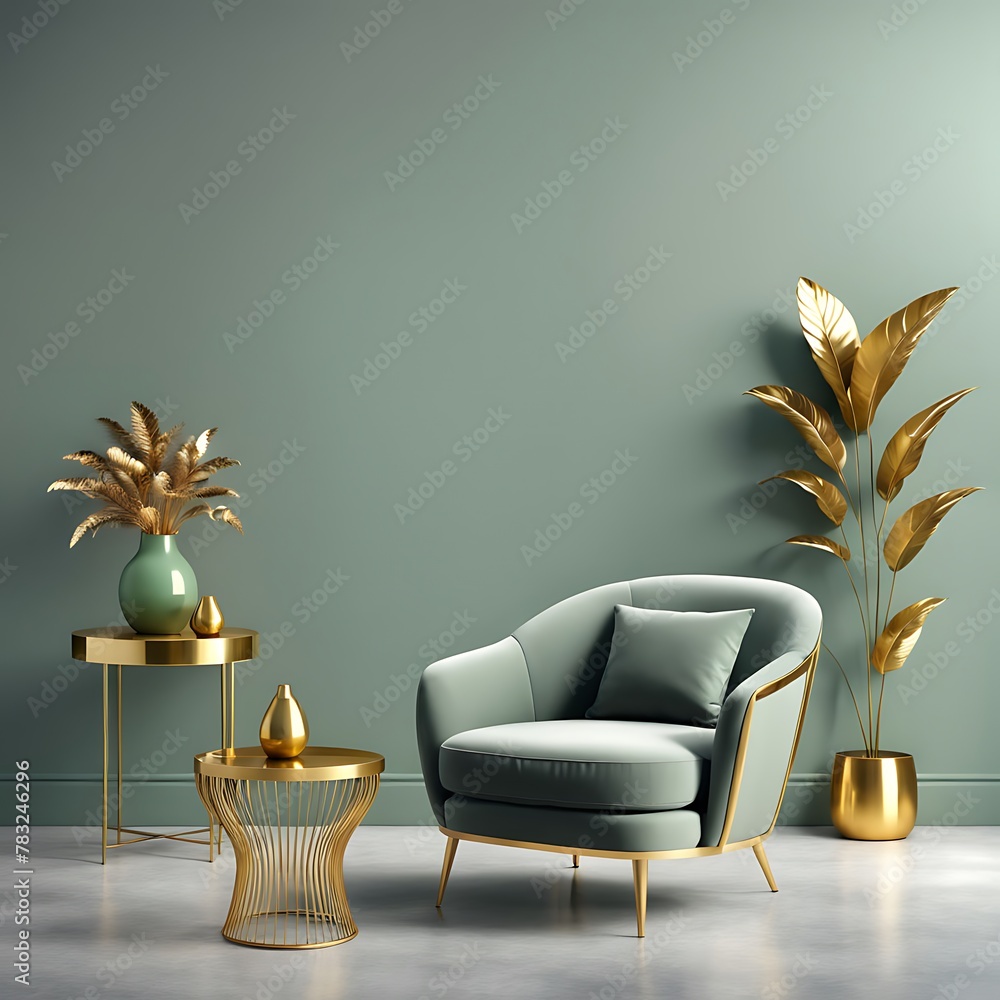 Grey green living room. Lounge area chair with an accent gold table and
