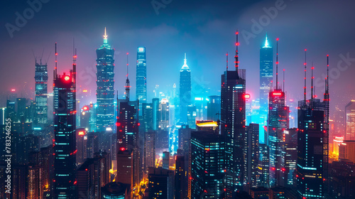 The silhouettes of the night city are illuminated by a multitude of spot lights, symbolizing network connectivity and advanced technology.