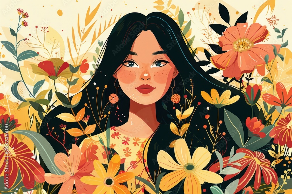 A beautiful woman holding flowers, surrounded by colorful wildflowers and plants The colors include yellow, red and orange, creating a warm atmosphere Generative AI