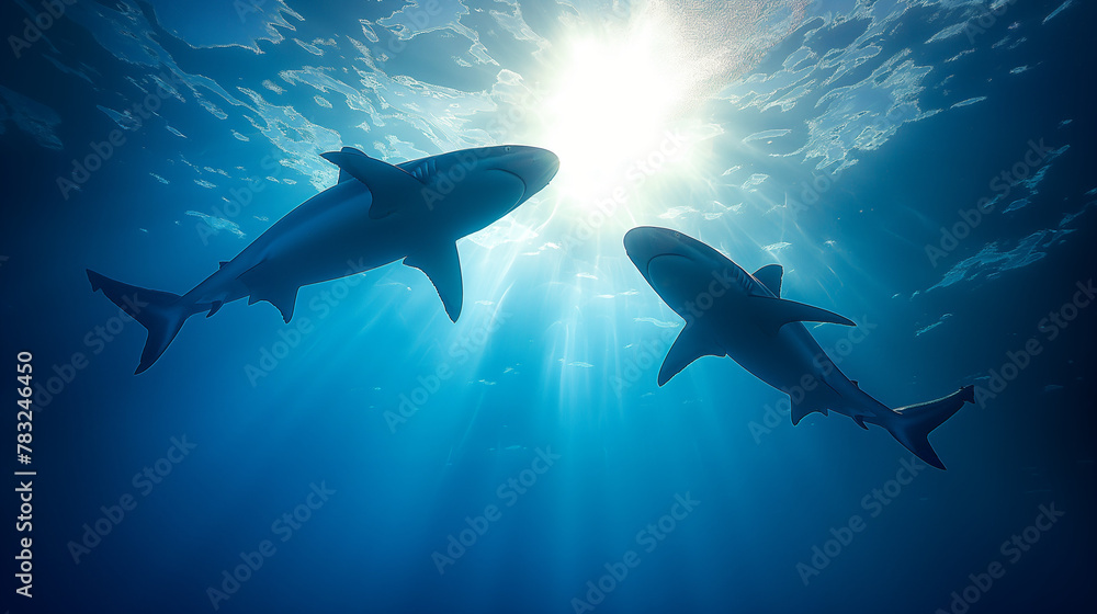 Obraz premium Shark Silhouette Swimming in Blue Ocean