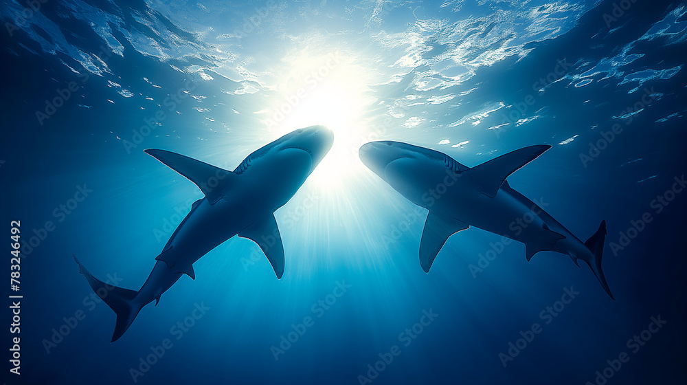 Obraz premium Shark Silhouette Swimming in Blue Ocean