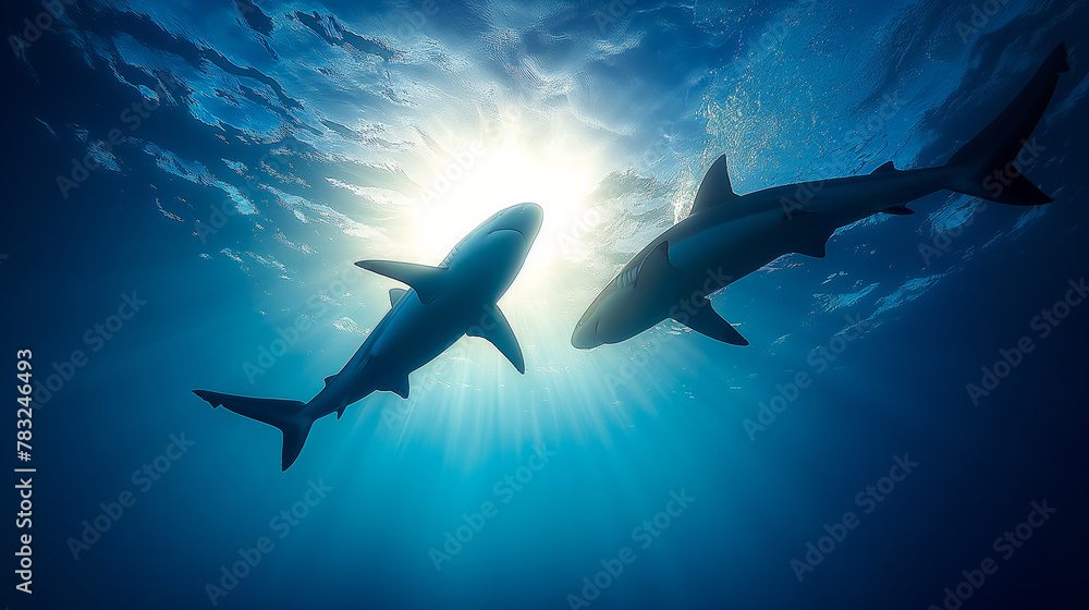 Obraz premium Shark Silhouette Swimming in Blue Ocean