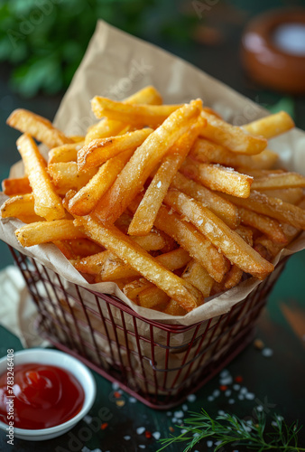 A basket of french fries with a bottle of ketchup next to it. The fries are golden brown and crispy  and the basket is red and metal.