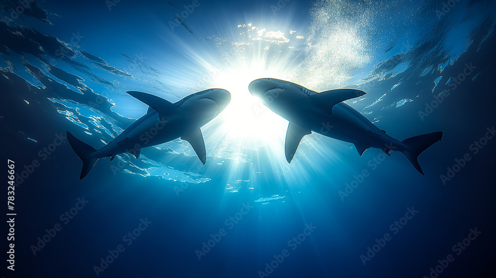 Obraz premium Shark Silhouette Swimming in Blue Ocean