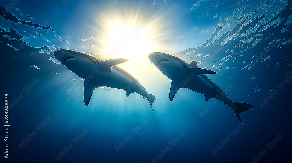 Fototapeta premium Shark Silhouette Swimming in Blue Ocean