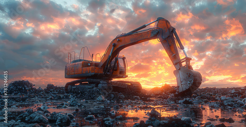 A Caterpillar excavator is digging in the dirt. The sky is orange and the sun is setting