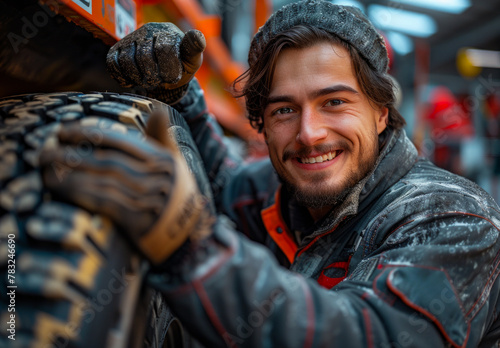 A man is smiling and holding a tire. He is wearing a black jacket and gloves. Concept of warmth and friendliness