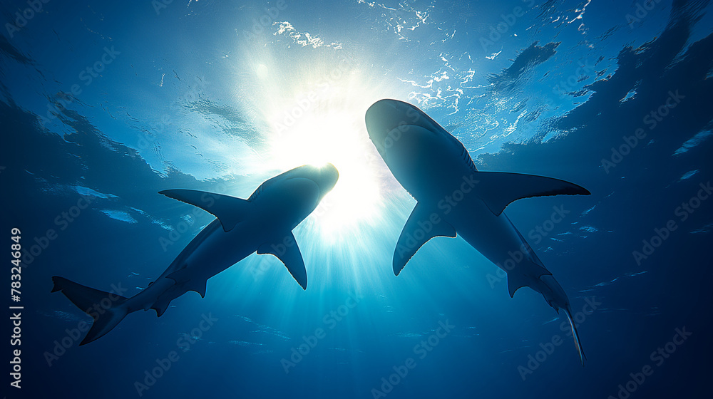 Obraz premium Shark Swimming in the Blue Sea: Underwater Illustration of a White Shark, a Predatory Fish, in its Natural Habitat