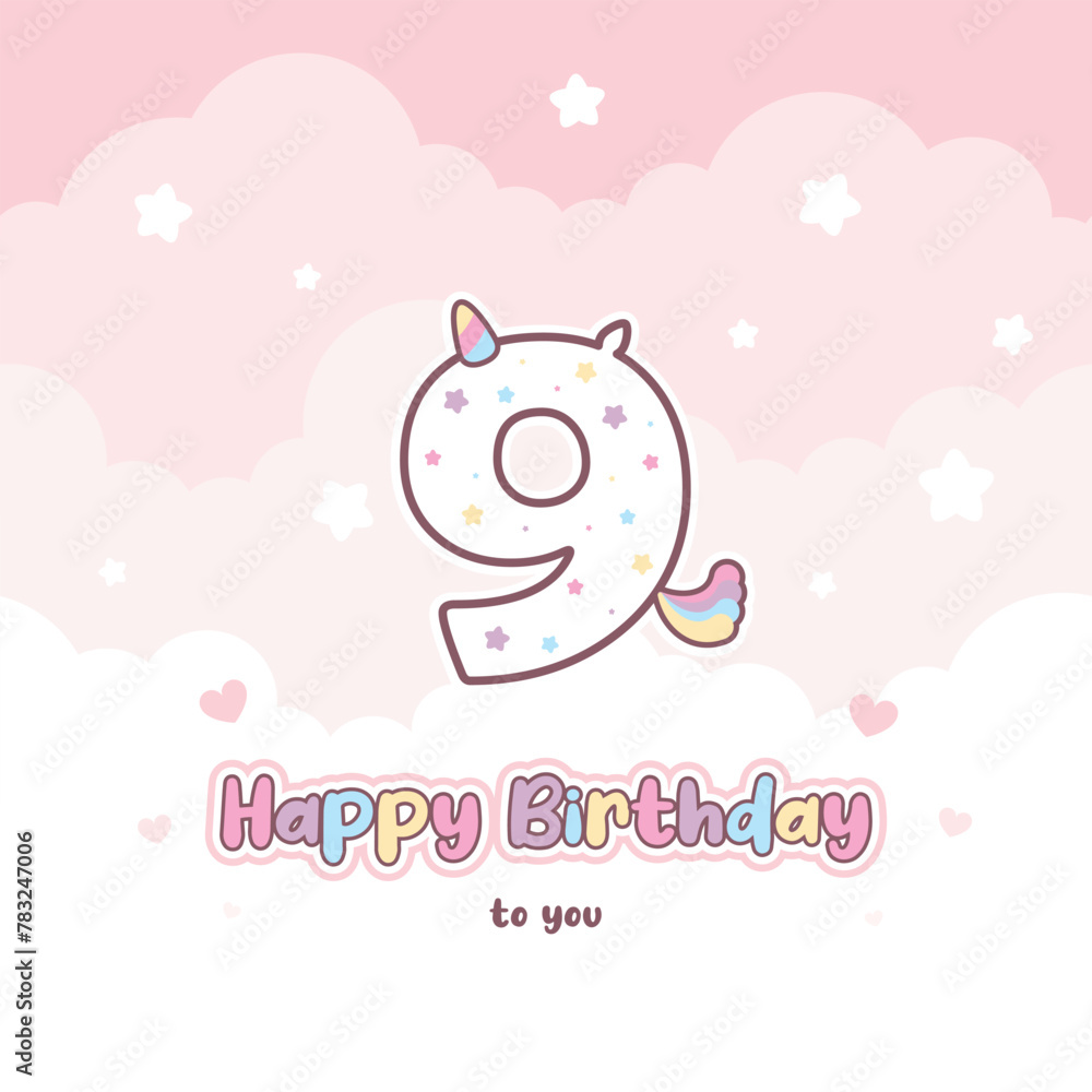 Ninth birthday greeting card with cute unicorn number