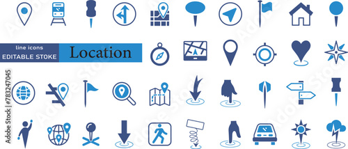 Location icon set. Containing map, map pin, gps, destination, directions, distance, place, navigation and address icons. Solid icons vector collection