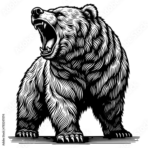 bear roaring amidst foliage, a detailed work showcasing wild nature strength sketch engraving generative ai PNG illustration. Scratch board imitation. Black and white image. photo