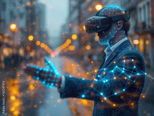 Businessman in dark blue suit wearing virtual reality (VR) headset raise hand up  , head and hand overlay with a digital wireframe connection data , city background, cool-toned , futuristic concept.