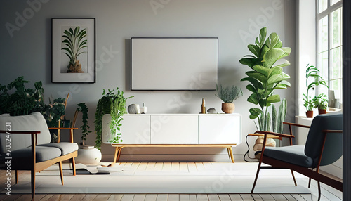 Minimalist modern living room interior background, living room mock up in scandinavian style closeup background. Creative composition of the living room interior, Ai generated