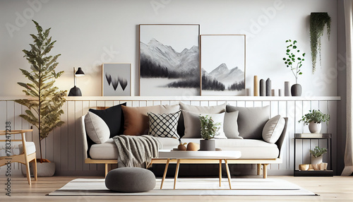 Minimalist modern living room interior background, living room mock up in scandinavian style closeup background. Creative composition of the living room interior, Ai generated