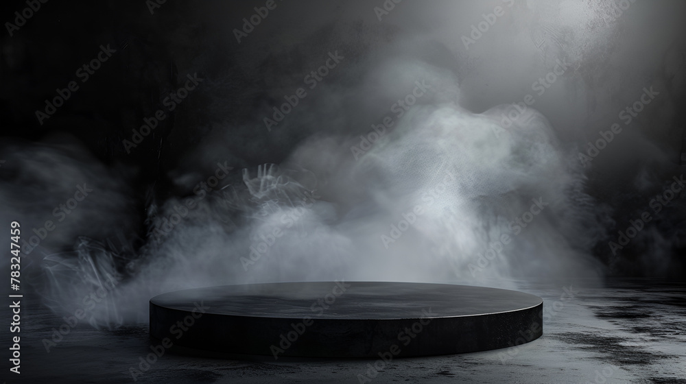 
black podium black smoke product platform background abstract stage fog texture empty spotlight
