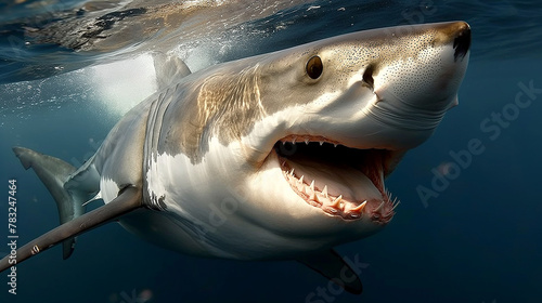 Great White Shark Swimming in the Deep Blue Caribbean Waters