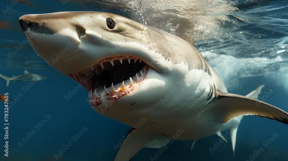 Fototapeta premium Great White Shark Swimming in the Deep Blue Caribbean Waters