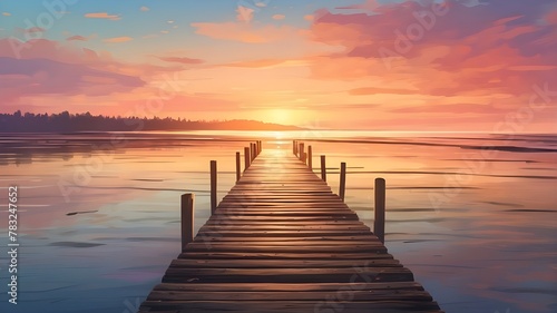"Digital illustration depicting an old wooden pier extending into a tranquil sunset, with emphasis on the splendor of the sunset colors and the peaceful mood of the scene, inspired by impressionist ar