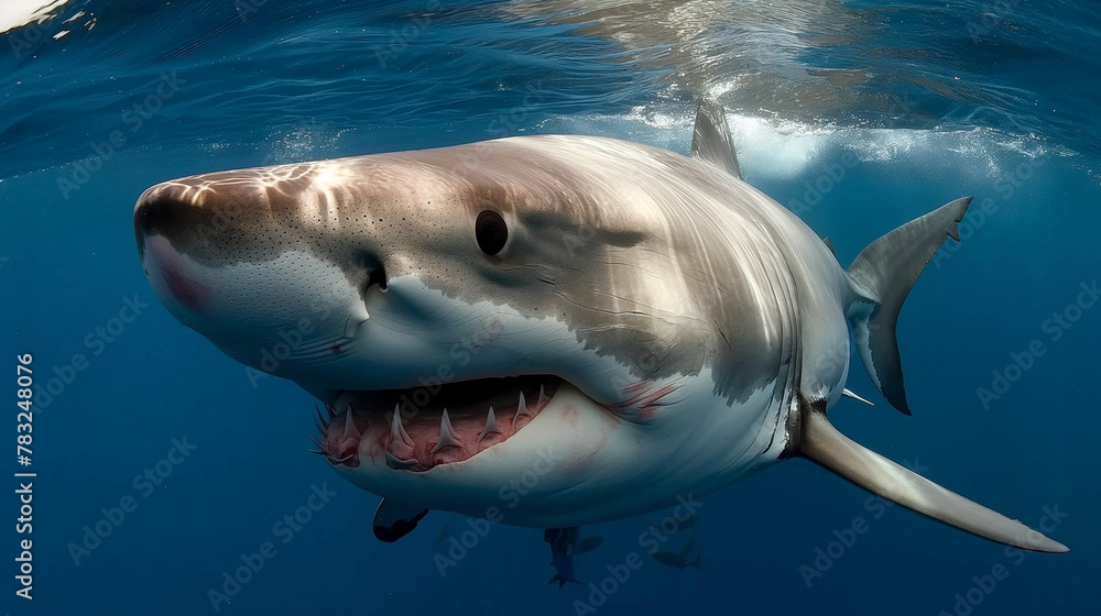 Obraz premium Great White Shark Swimming in the Deep Blue Caribbean Waters