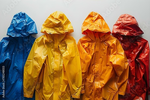 Vibrant Quartet of Rainwear: Minimalist & Durable. Concept Rainy Day Fashion, Stylish Raincoats, Waterproof Accessories, Practical & Chic Outfits photo