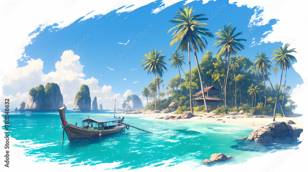 Tropical island with palm trees and longtail boat. Vector illustration