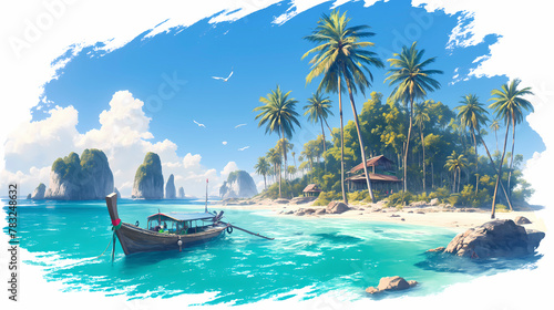 Tropical island with palm trees and longtail boat. Vector illustration
