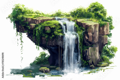 Waterfall in the forest. Waterfall in the forest. Watercolor illustration.
