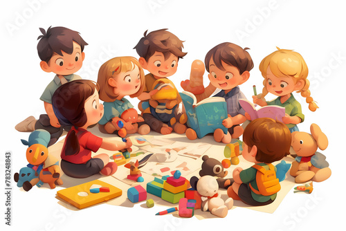 Illustration of a group of children playing with toys on a white background