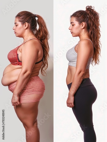 Side profile view of a womans appearance drastically changed after losing weight. Her stomach, waist, shoulders, arms, legs all showed significant transformation.  photo