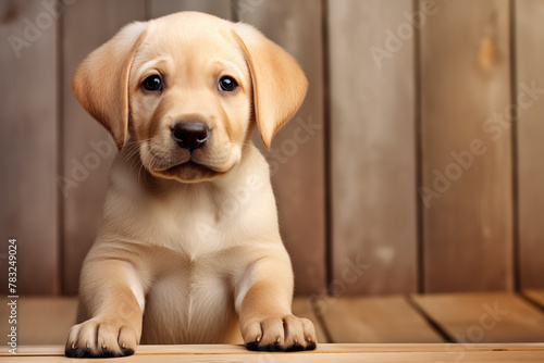 Labrador puppy on the background of wooden boards, copy space.