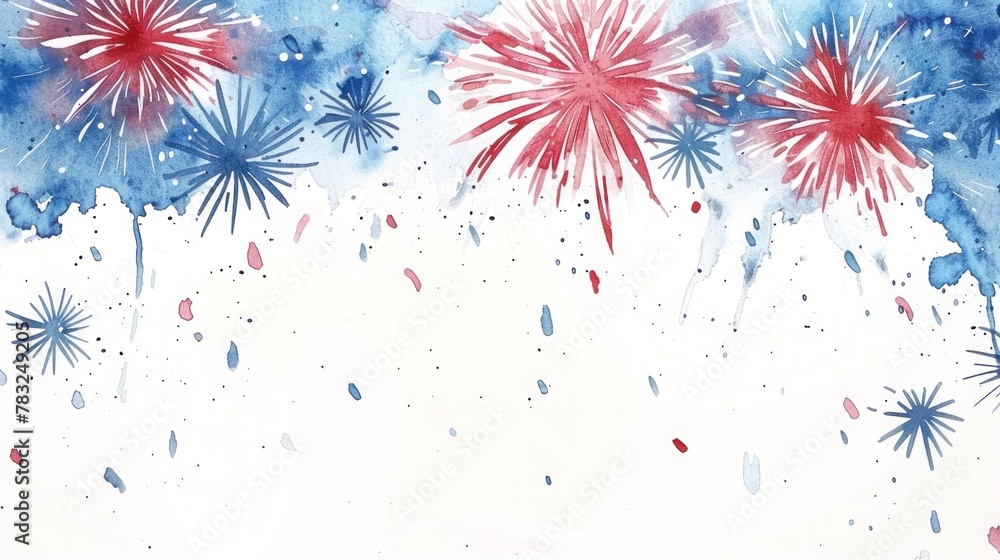 July 4th and New Year's Celebration: Blue and Red Fireworks on White Background