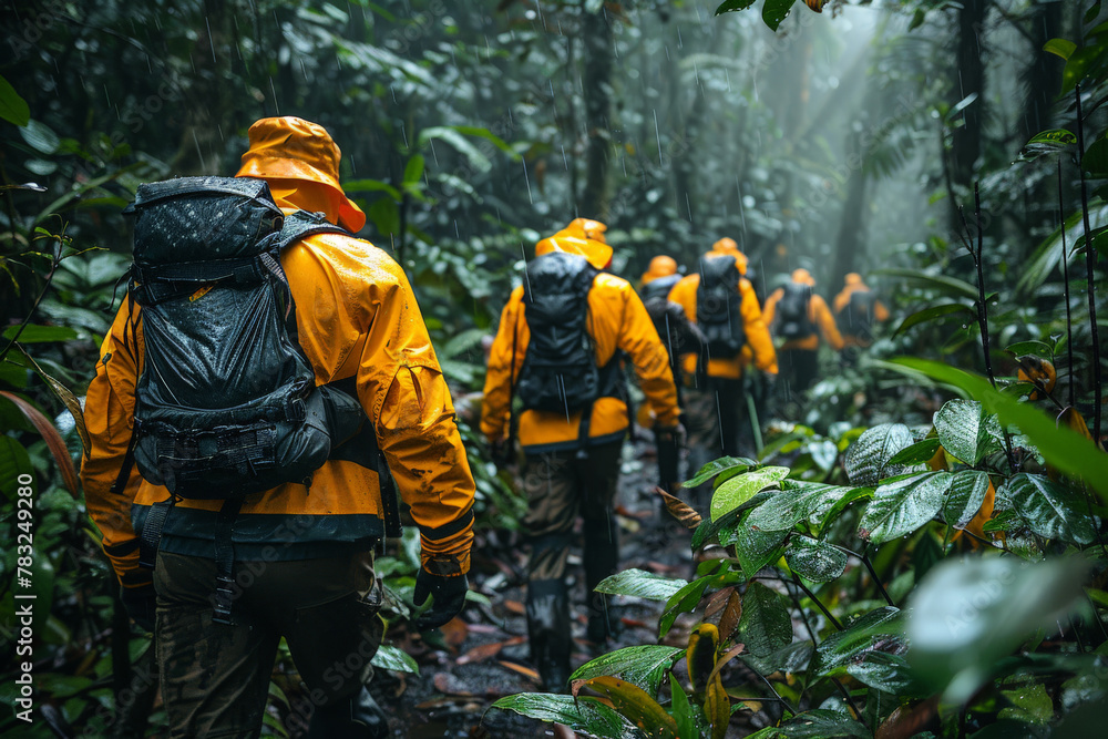 A group of adventurous hikers in orange rain gear trek through a dense, misty rainforest A group of adventurous hikers in orange rain gear trek through a dense, misty rainforest