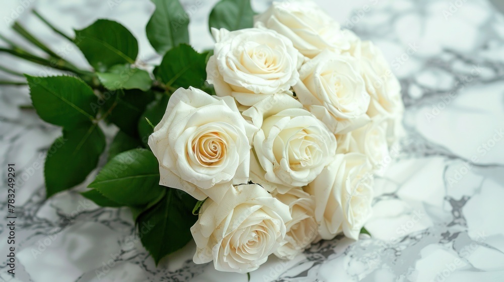 Serene White Rose Bouquet on Marble Background - Funeral Floral Tribute or Cemetery Remembrance Concept Serene White Rose Bouquet on Marble Background - Funeral Floral Tribute or Cemetery Remembrance Concept