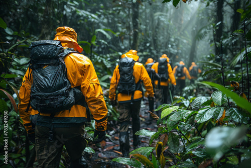 Wallpaper Mural A group of adventurous hikers in orange rain gear trek through a dense, misty rainforest Torontodigital.ca