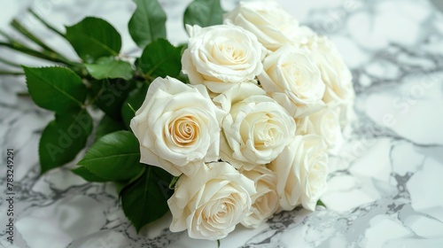 Serene White Rose Bouquet on Marble Background - Funeral Floral Tribute or Cemetery Remembrance Concept